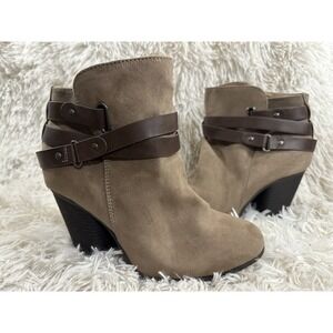 Torrid Faux Suede Strappy Bootie Chunky Heel Brown/Taupe Size 7W